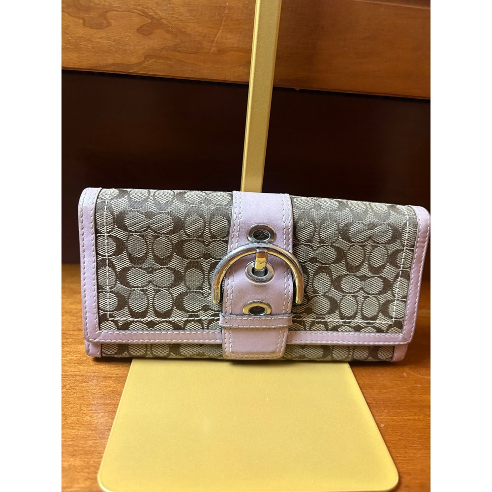 Coach Signature Monogram Canvas Slim Buckle Wallet Brown Lilac Leather‎ Trim